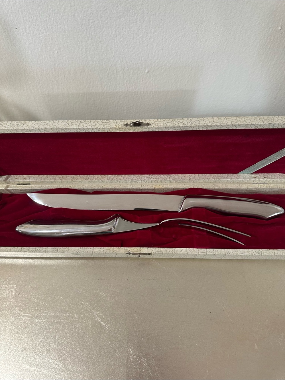 Vintage Stainless Steel Carving Knife and Fork Set - Silver